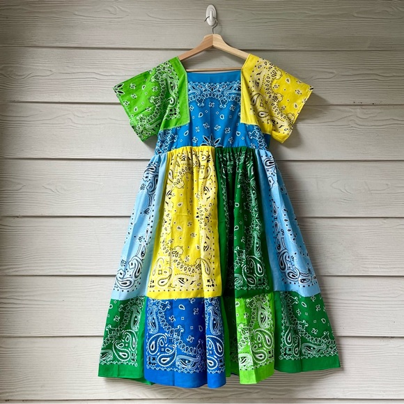 Hand Crafted | Dresses | Handmade Midi Bandana Dressgreen Blue Yellow